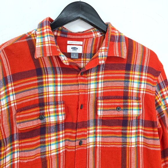 Old Navy Orange Navy Plaid Flannel Long Sleeve Button Front Shirt Men Size Larg - Picture 2 of 4